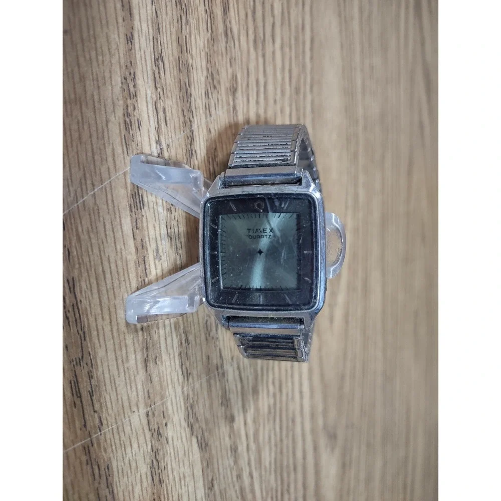 Vintage Timex Quartz Square Watch Green Dial Speidel Stretch Band As-Is